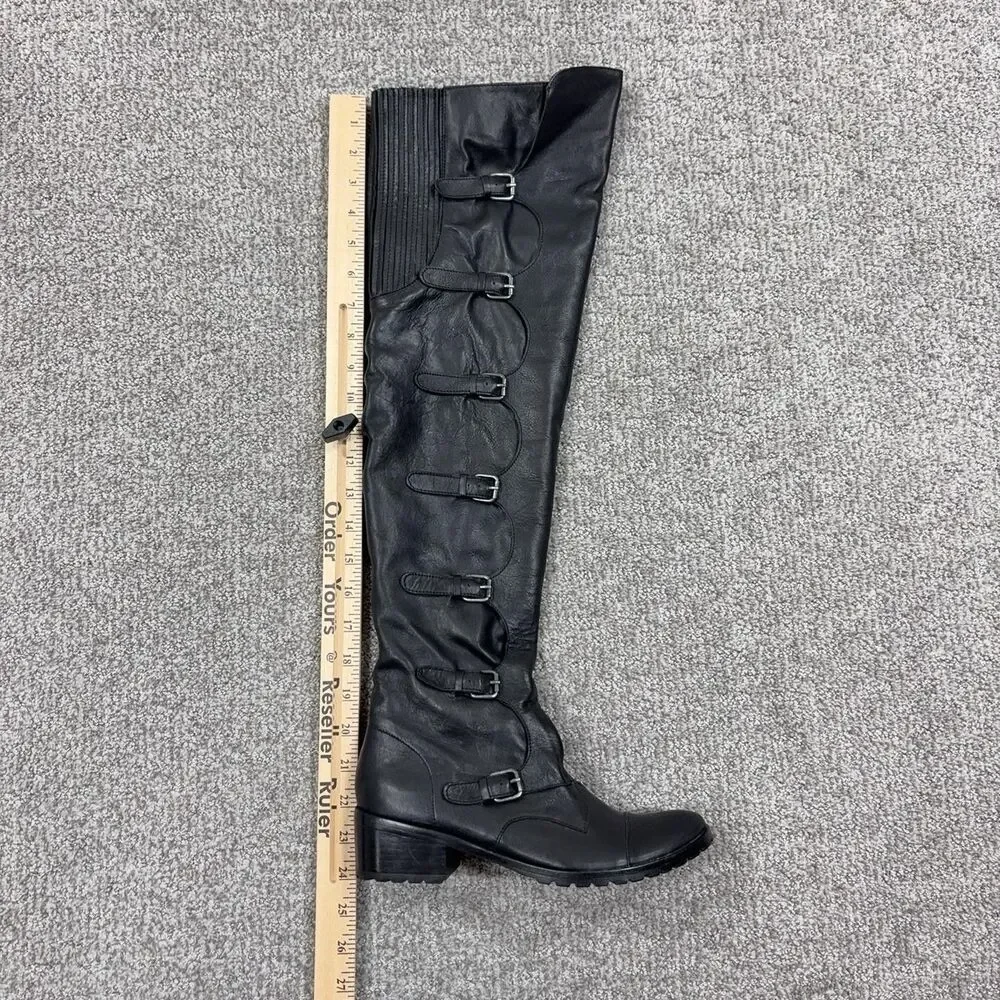Dolce Vita Boots Womens 6.5 Black Over Knee Biker Buckle Zip Lug Sole Emo